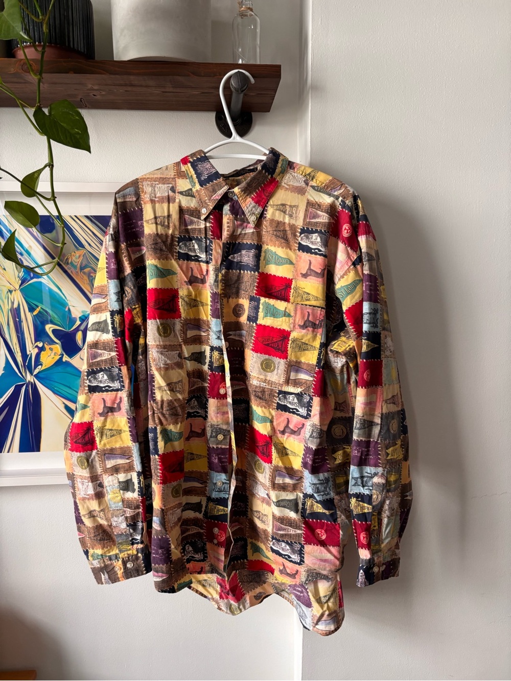 Vintage Collegiate Flag Patchwork Button-Down Shirt